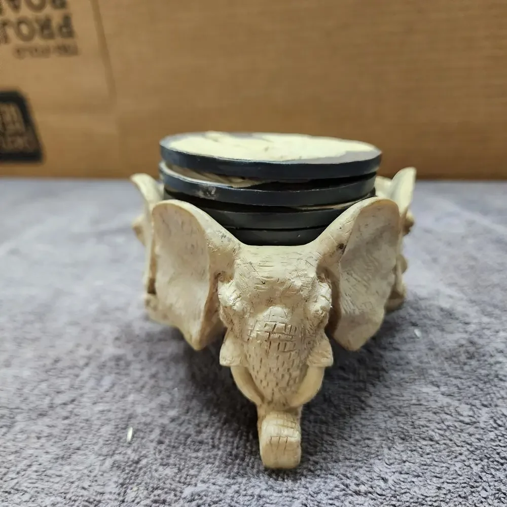 Set of 4 Stone coasters with African Elephant footed holder JJ